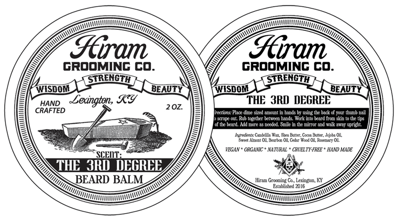 Hiram Grooming Company 3rd Degree Beard Balm Can Label Design Detail